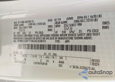 2019 Ford Escape S from USA, damaged, VIN 1FMCU0F71KUC33513